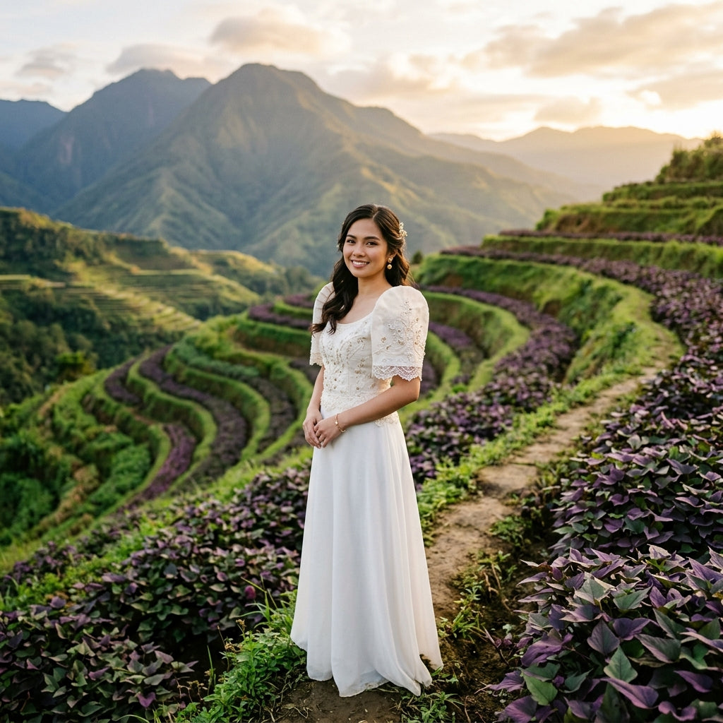 Filipino woman in ube fields